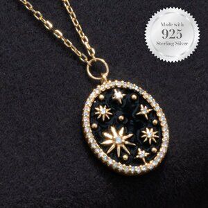 Celestial Star & Moon Necklace - 925 Sterling Silver Black Enamel Charmed Aroma